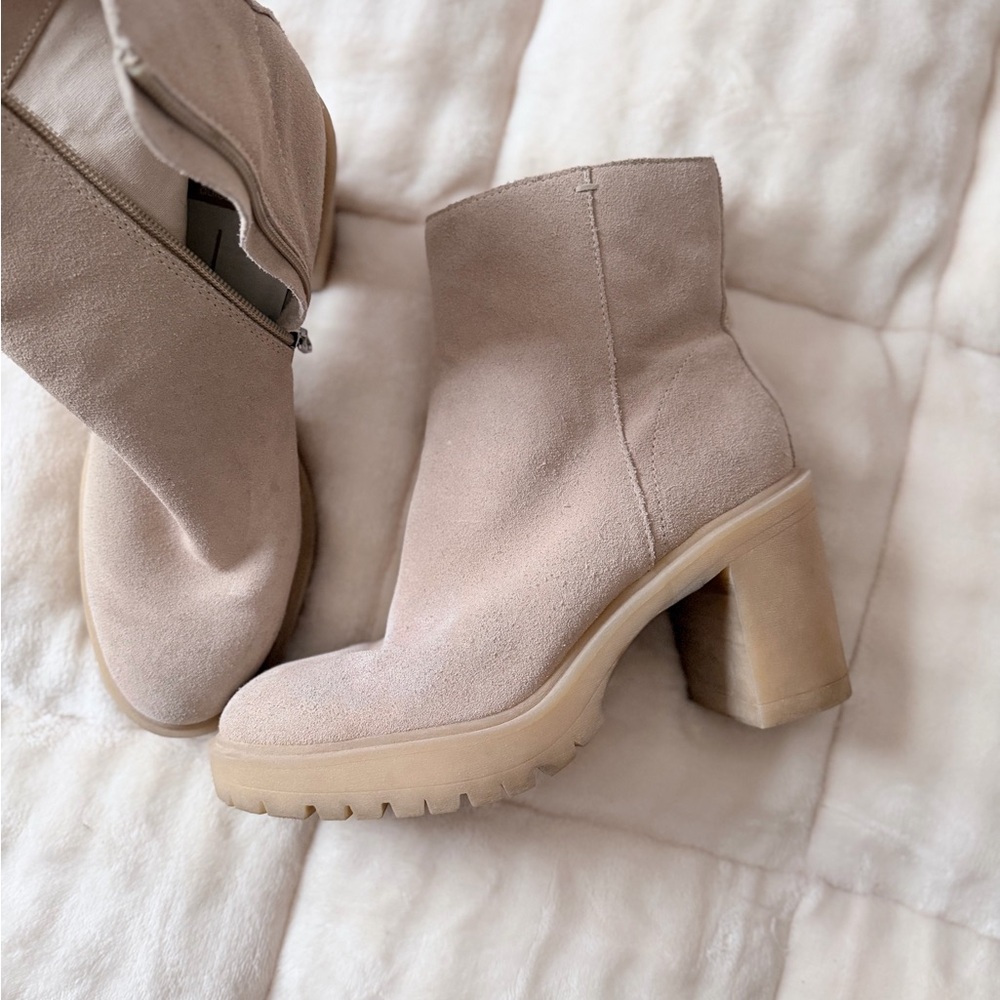 Suede Chunky Heel Ankle Boots in Light Taupe